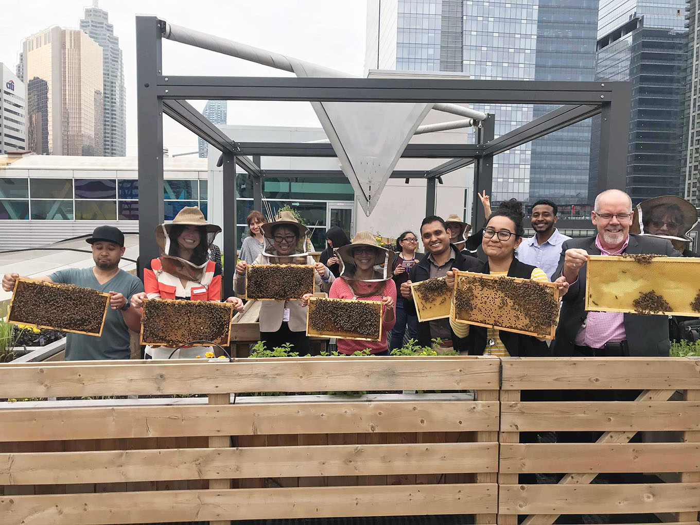 Metro Toronto Convention Centre's tenants holding frames of honey beesAlvéole's hives.