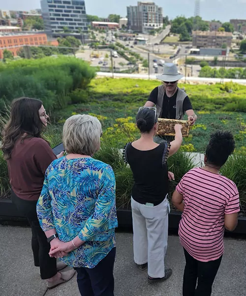 Un apiculteur d'Alvéole montre un cadre d'abeilles à un groupe sur un toit. apiculture pour les propriétés commerciales