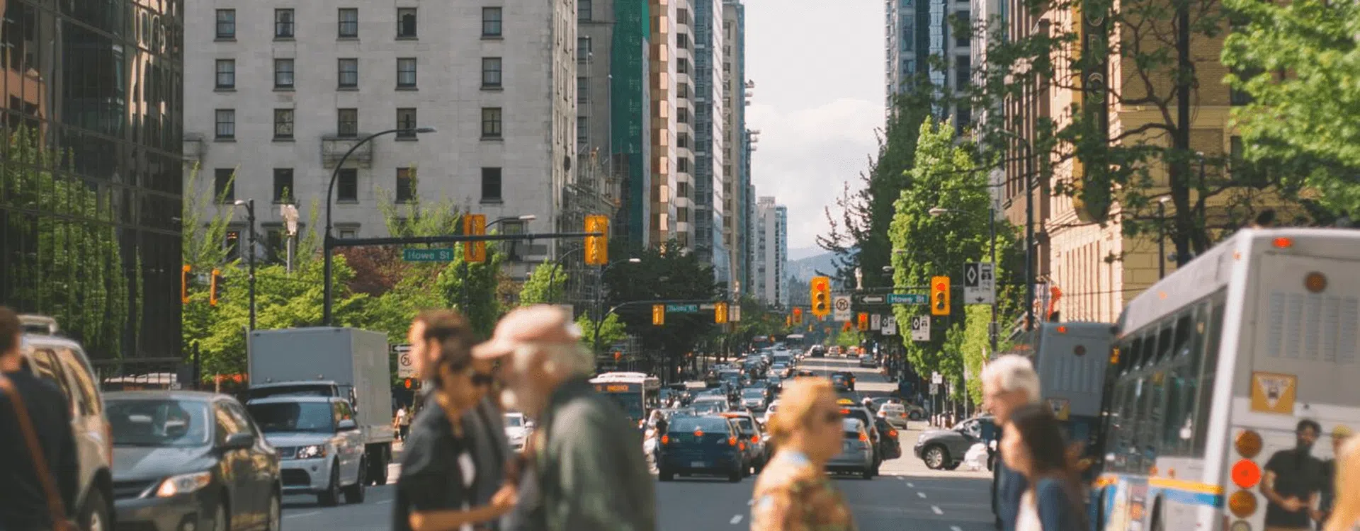 A busy financial district filled with workers