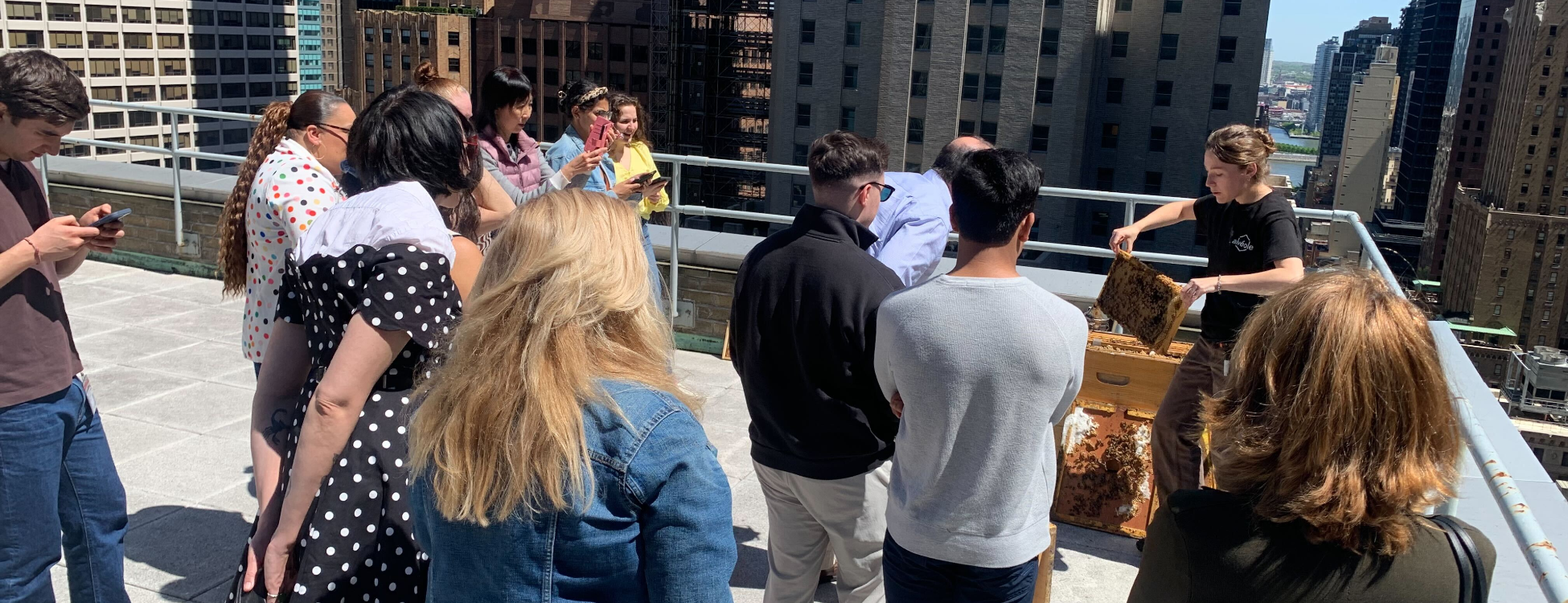 Tenants are are visiting rooftop hives and enjoying a workshop by an Alvéole beekeeper.