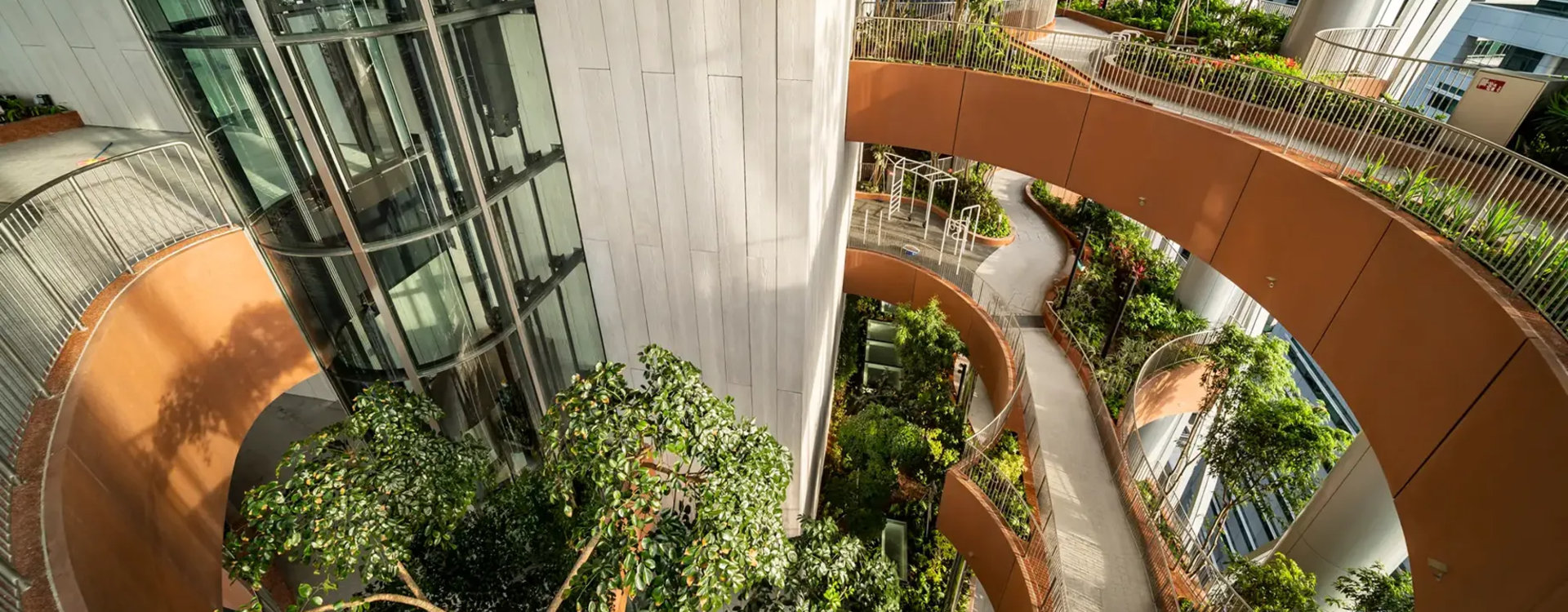 Commercial real estate building showcasing biophilic design and nature-based amenities